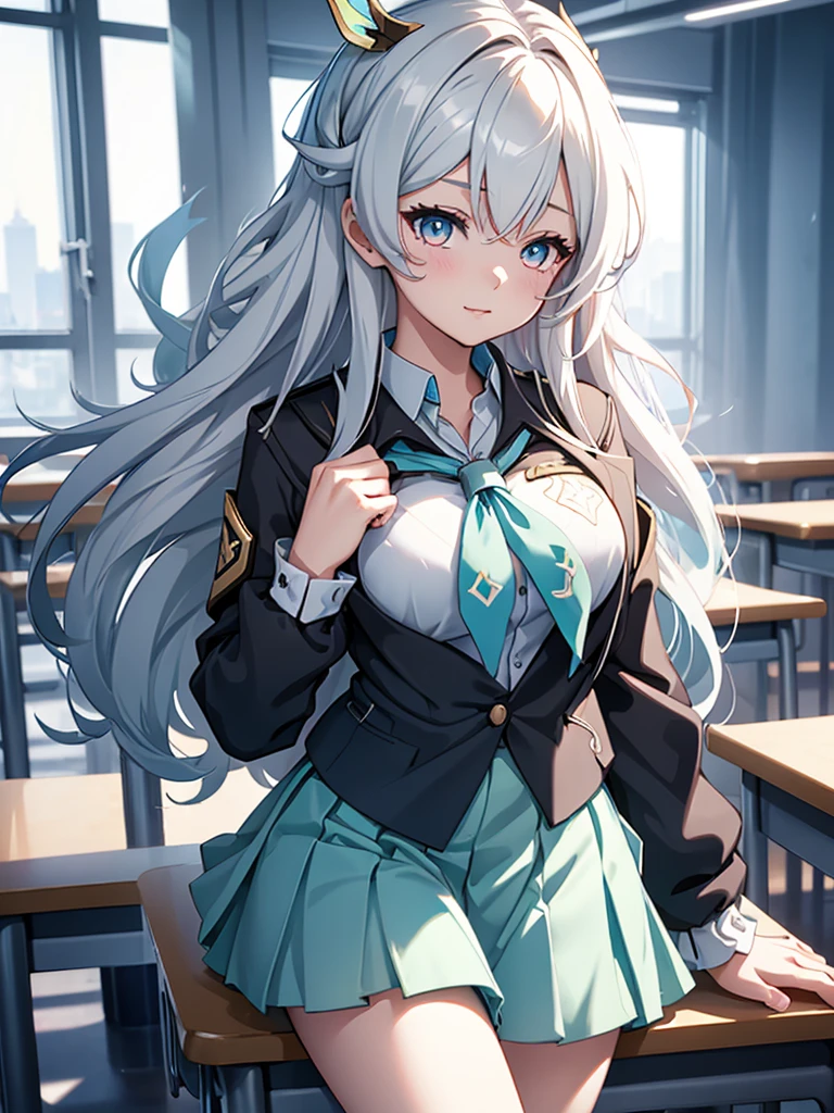 (Firfly from Honkai starrail game), 1girl, as a highschool girl, wearing a school uniform with white shirt and blue skirt, at a classroom , 8k, high detailed, high quality