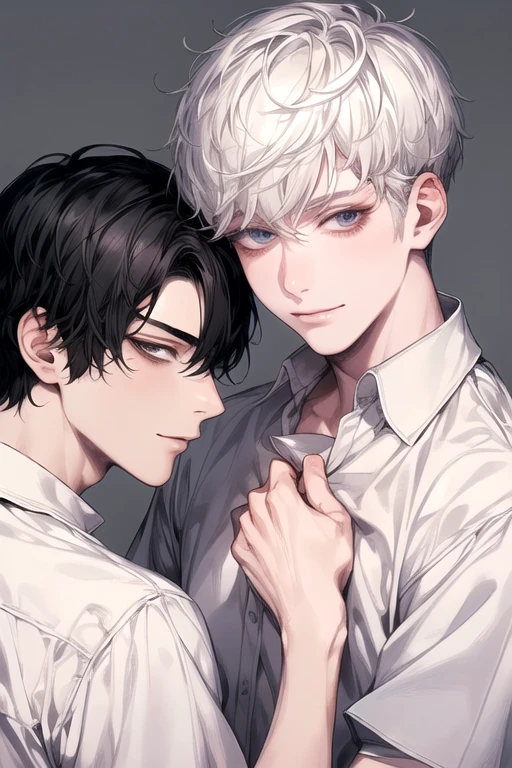 (Masterpiece), (Best Quality), Very detailed, (( a couple guy)), Perfect Face, Beautiful Face, Very detail, (short Black-haired man), (short White-haired man)、white shirt、love, chocolate, long eyelashes, looking each other