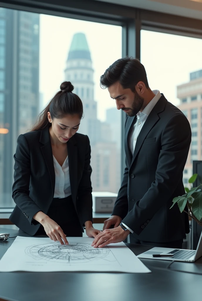 (photorealism:1.2), Images with an imposing background and an image of a working woman and a man but in a business drawing.