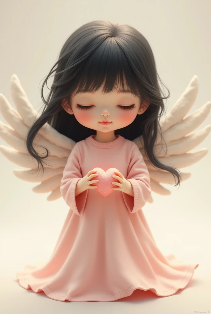 Angel doll drawing with pink clothes, dark hair and light skin holding a heart