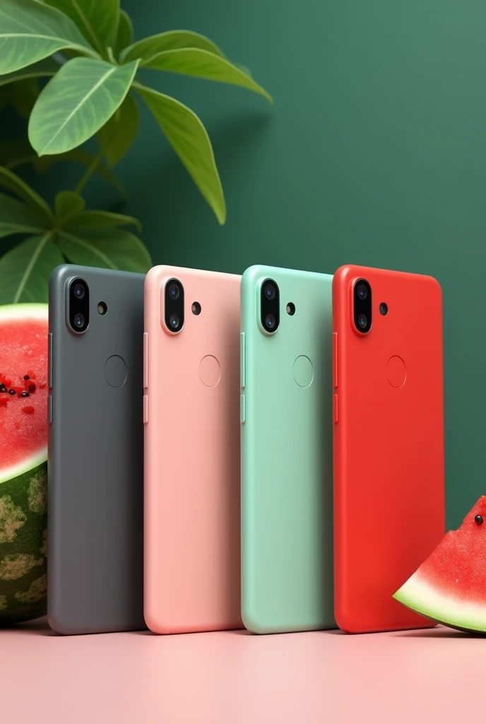 Newly launch google pixel 9. Available in four color, grey, peach pink, light green. Arrange 4 model side by side with its respective color. Watermelon at the back ground. The camera bump make it like bar shape just like newly launch google pixel 9
