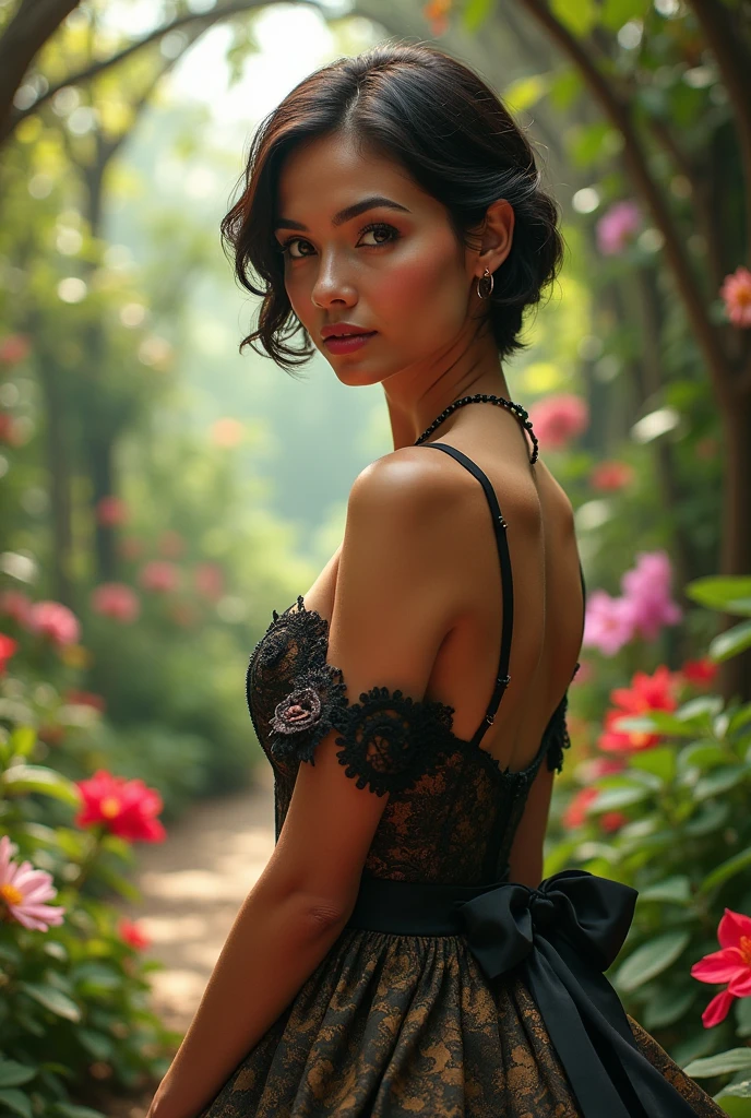 Beautiful latina woman perfect body short brunette hair,  dressed in elegant victorian era 19th century American colorful conservative formal studio lighting,  beautiful outdoor paradise background 