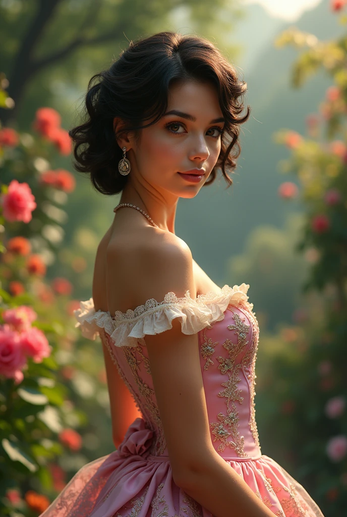 Beautiful latina woman perfect body short brunette hair, dressed in elegant victorian era 19th century American colorful conservative formal studio lighting, beautiful outdoor paradise background