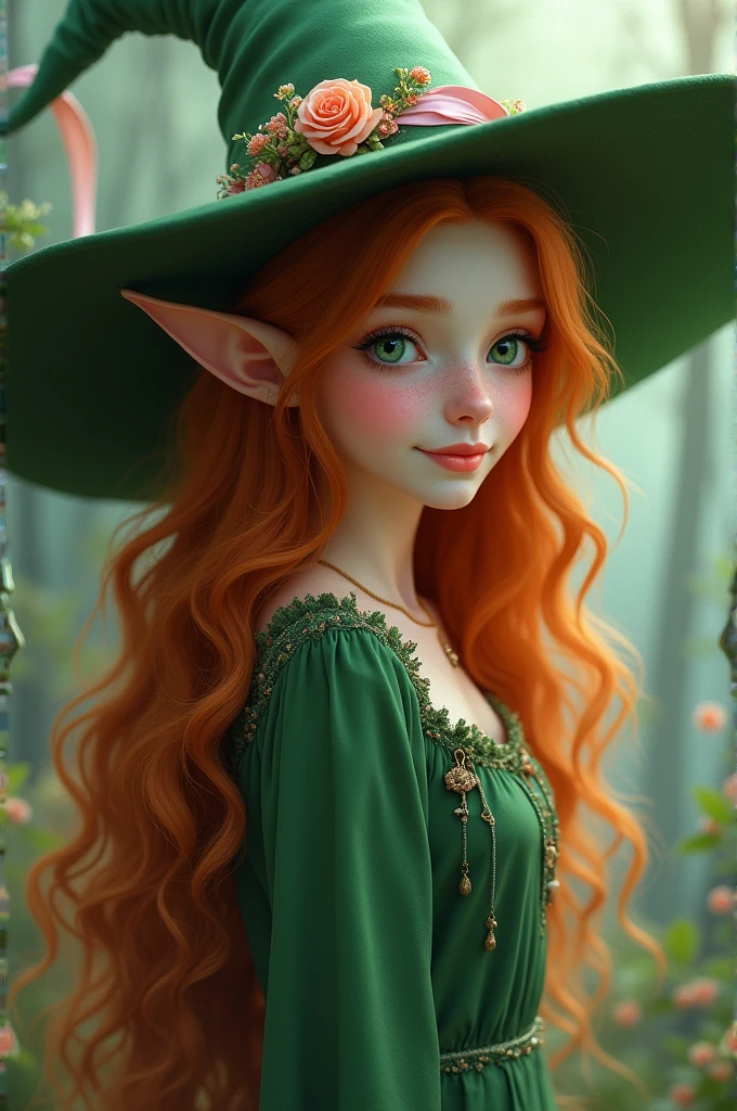 hello, would you please generate an image of an elven woman she's pale with incredibly long wavy auburn red hair, her face is round with slightly blushing cheeks, she has joyful vibrant green eyes, a pleasant smile, she's wearing a long green dress with a matching oversized witch hat with a very large rim with flowers tucked into a pink ribbon that goes around the base of the cone of the witch hat, she's wearing jade colored slippers with gold trim on her feet, bright vivid colors beautiful