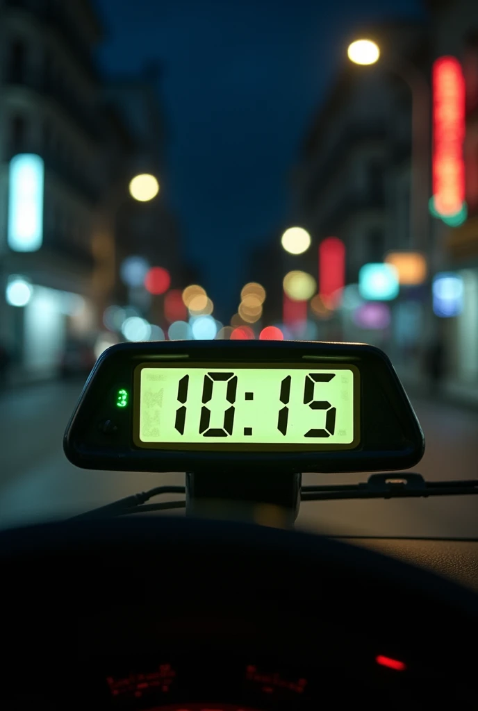 internal taxi meter that displays a value of 10:15 and this has a night background in a Latin American country and this has the look of a photo taken one meter away by a low-end cell phone