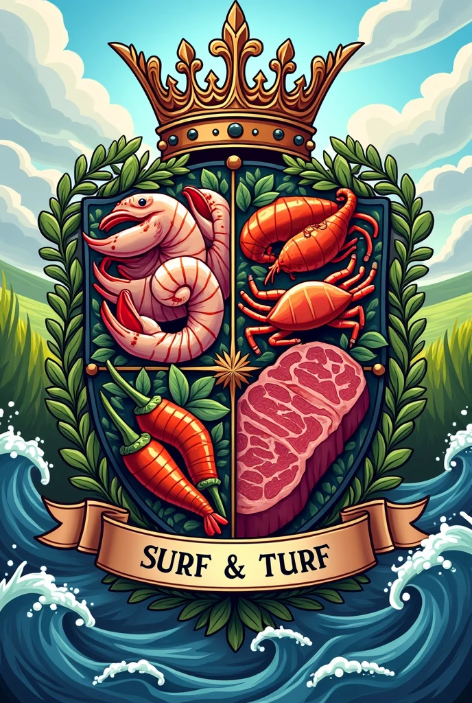 A soccer shield named Surf and Turf FC with symbols of seafood and meats