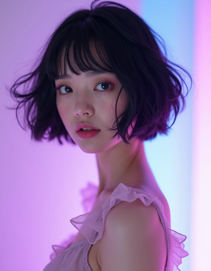 real photograph, (masterpiece), (highest quality), (Super detailed), (messy hair), (shape), (one japanese girl), (chiffon frill bikini), Are standing, Fashion Model, (simple purple pink blue background), fine and beautiful eyes, pretty faced, floating, (high color saturation), focus on face, black bob cut hair, floating Hairs, (shining), best writing, best shadow,