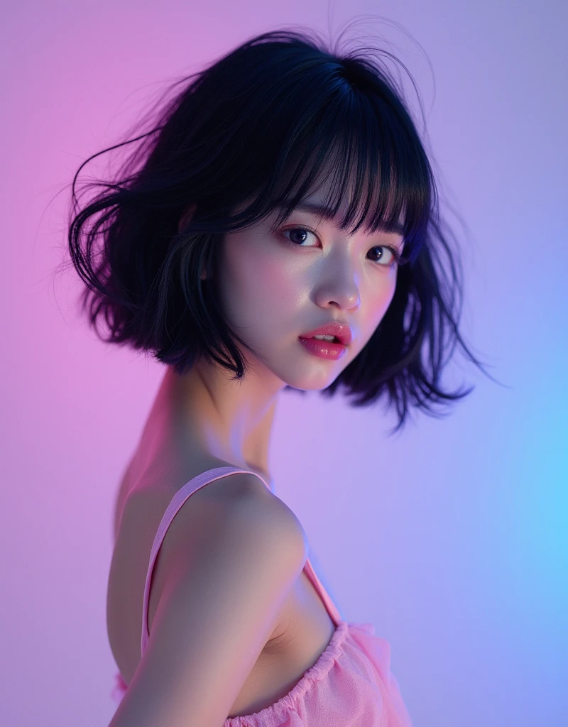 real photograph, (masterpiece), (highest quality), (Super detailed), (messy hair), (shape), (one japanese girl), (chiffon frill bikini), Are standing, Fashion Model, (simple purple pink blue background), fine and beautiful eyes, pretty faced, floating, (high color saturation), focus on face, black bob cut hair, floating Hairs, (shining), best writing, best shadow,