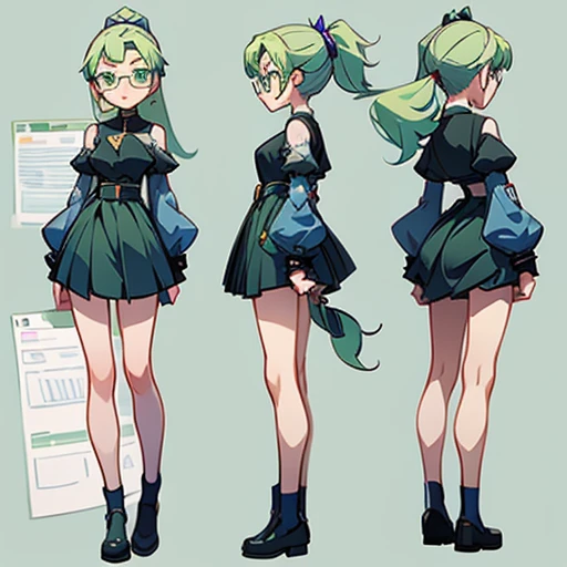 Thin age girl with long green hair, with a slightly round thin face with big blue eyes He wears square glasses
With straight, long green hair, styled in a ponytail
Slim, well-defined body with a small bust and wide hips, thin but toned arms and long, slender legs.
Dressed only in small transparent fabrics
(((character sheet))) ((various views)) ((front and back) (Face detail) (full body