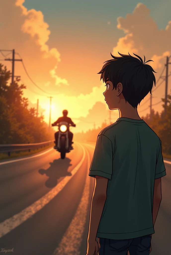 A boy is watching  his girlfriend, while she is going with her father on motor bike in front of him
