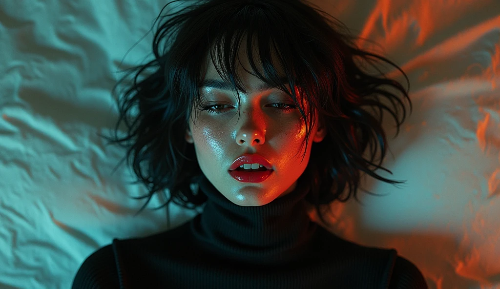 ultra-detailed, realistic, wallpaper,woman, disheveled, edging, hard breath, bob cut, sexual tension, red lips, sexy despair, sweat, desperation loosing control, turtleneck, void, abstract, orange blue,