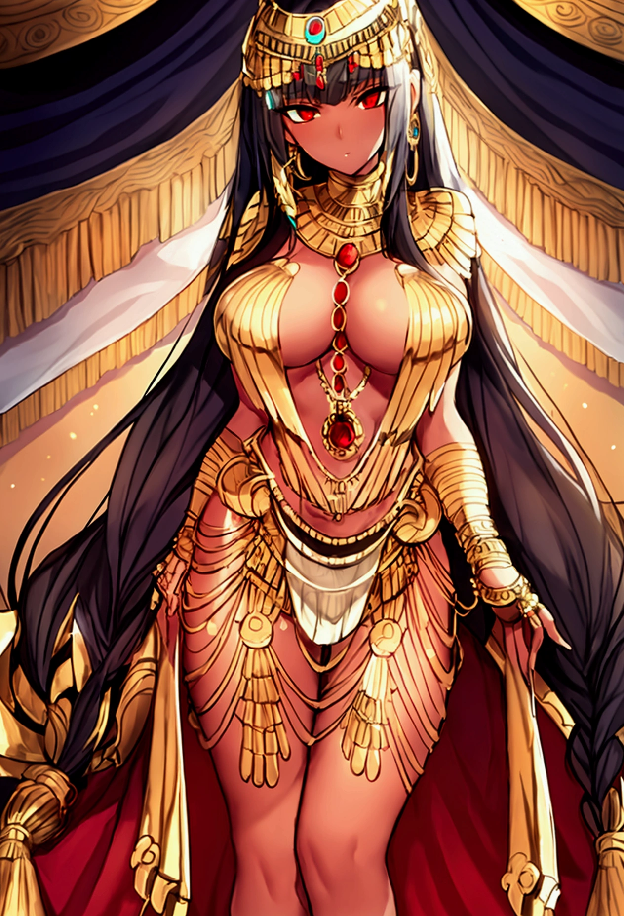 (cleopatra), (Egito), (kemet) black female, gorgeous  woman, sensuous, chic, gold and jewels , (whole body), braided hair