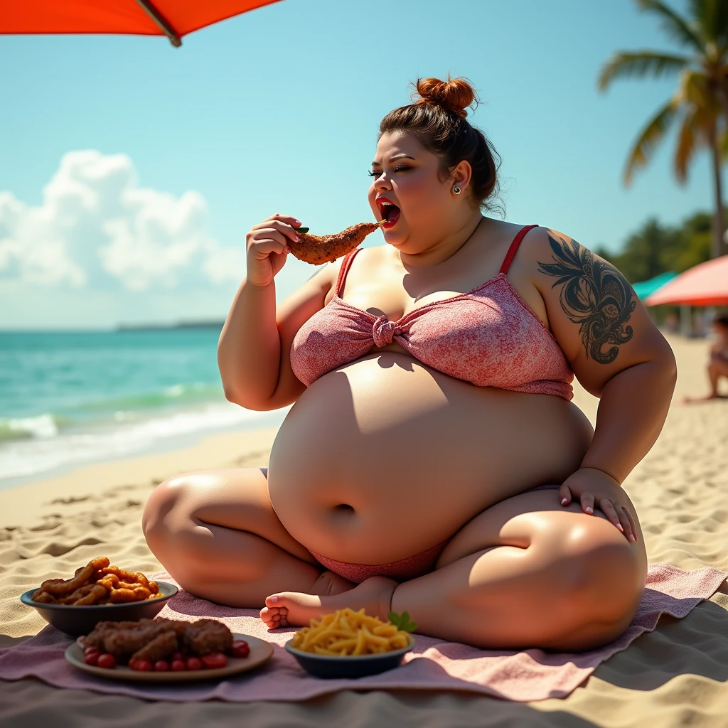 A plus size model woman is obese and overweight, weighing 150kg, with lots of belly fat, she gained weight by eating too much, obese plus size model with very large belly, her belly is bulging and covered with a lot of fat, she has a saggy belly and a tattoo around her navel, eating BBQ by the beach, 4K quality, low angle