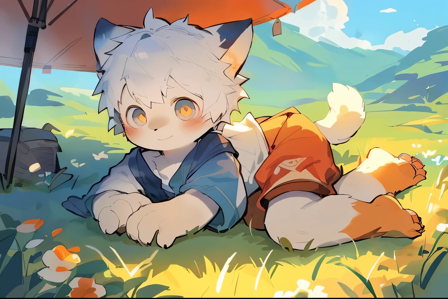 masterpiece, best quality, Perfect anatomical structure, Bright Eyes, Big watery eyes, From milkytiger1145, author:K0BIT0WANI,Beautiful and enchanting scenery,Lying in the wheat field, Lovely and detailed digital art, Very very beautiful furry art, Detailed fan art, High quality wallpaper, Pretend to be a fisherman 🧥, Furry Fantasy Art, Hot topics on artstation pixiv, White hair,Full body image,Aerial View,Lying position,Men,Toddler,((Boy has a strong sexual desire)),((Boy,shota)),boy,Pino Deheny, Carney announced, milkytiger1145, dagasi, Yes,