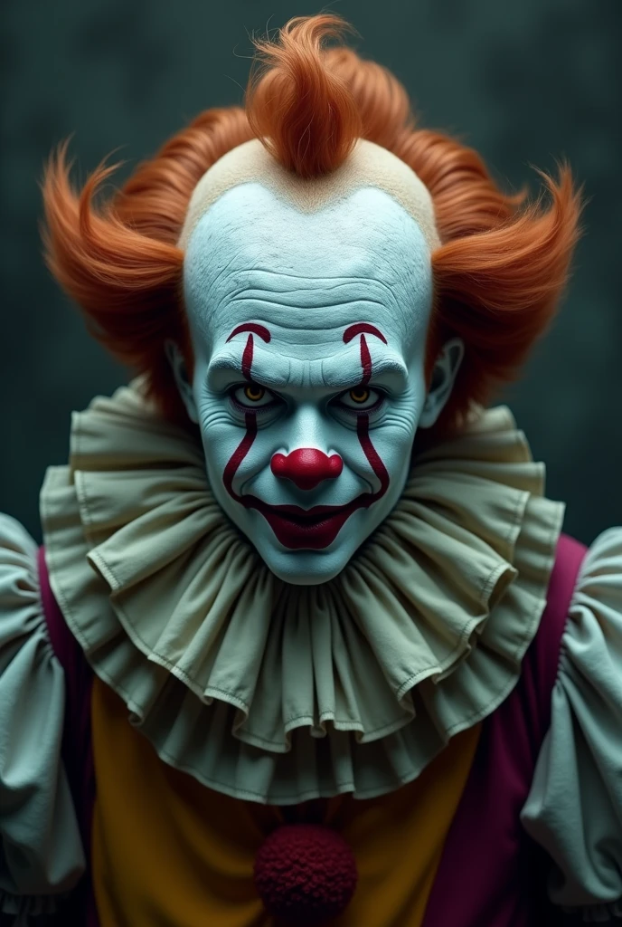 Créez une image réaliste d'un clown effrayant au format portrait. Le clown doit être un homme avec un visage pâle et légèrement usé, avec des yeux perçants et menaçants. Sa bouche doit être fermée, mais son expression doit être suffisamment inquiétante pour transmettre une sensation de menace. Utilisez un maquillage subtil, évitant les couleurs vives et exagérées. Le costume du clown doit être coloré mais légèrement déchiré ou usé, avec des cheveux épars et en désordre. Montrez le haut du corps du clown et placez-le sur un arrière-plan sombre et brumeux pour accentuer l'atmosphère inquiétante. Assurez-vous que le visage du clown est clairement visible et bien centré dans l'image