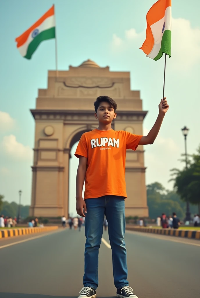 A real 18 years old boy, Wearing Orange T shirt blue jeans sneakers and the name "RUPAM" is written on his t-shirt and the boy is standing on the road with holding a national flag of India, and behind him is the India gate Delhi. And "Happy Independence Day 2024" written at above sky Create Realistic image high quality