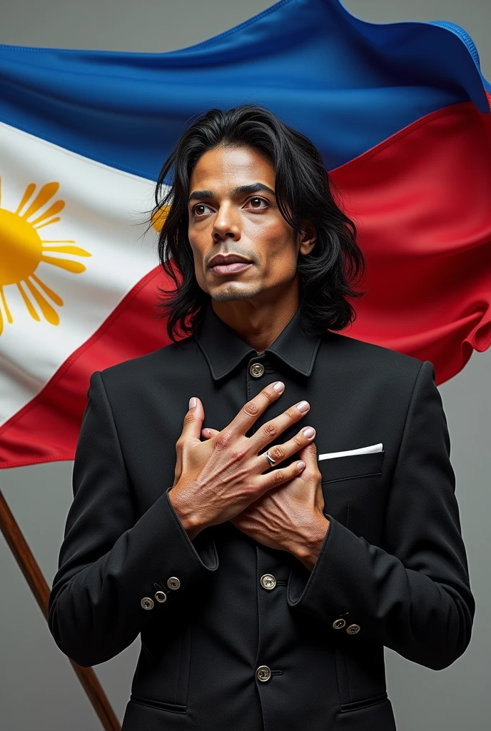 "Create an ultrarealistic image of Michael Jackson holding the Flag of the Philippines and touching his chest to respect the Philippines with a lot of foundation on his face"