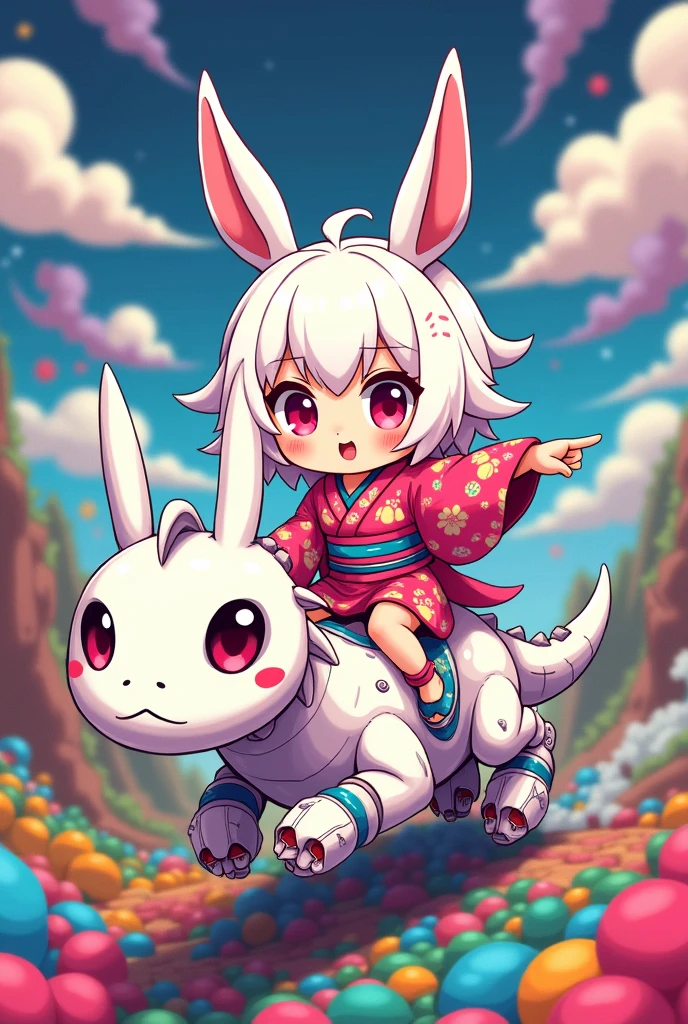 Fantasy  CG Illustration.A Ultra Chibi Style style  of a girl wearing colorful kimono and riding a dragon.(The girl is a beast:1.2).Rabbit beastman,The girl has short fluffy white hair and red eyes.A rabbit face with rabbit ears growing,She is wearing a colorful kimono with a pop pink base and a cute rabbit pattern on it.The girl flies through the sky on a white dragon made of machinery.She smiles and points in the direction we're going.The background of the otherworldly world of pop art, with its many psychedelic patterns and colors,Front shot of a dragon and a girl,High quality,High precision,Masterpiece best Quality,4k.8k,Ultra detail,Ultra fine painting,Professional illustration,Vivid color,