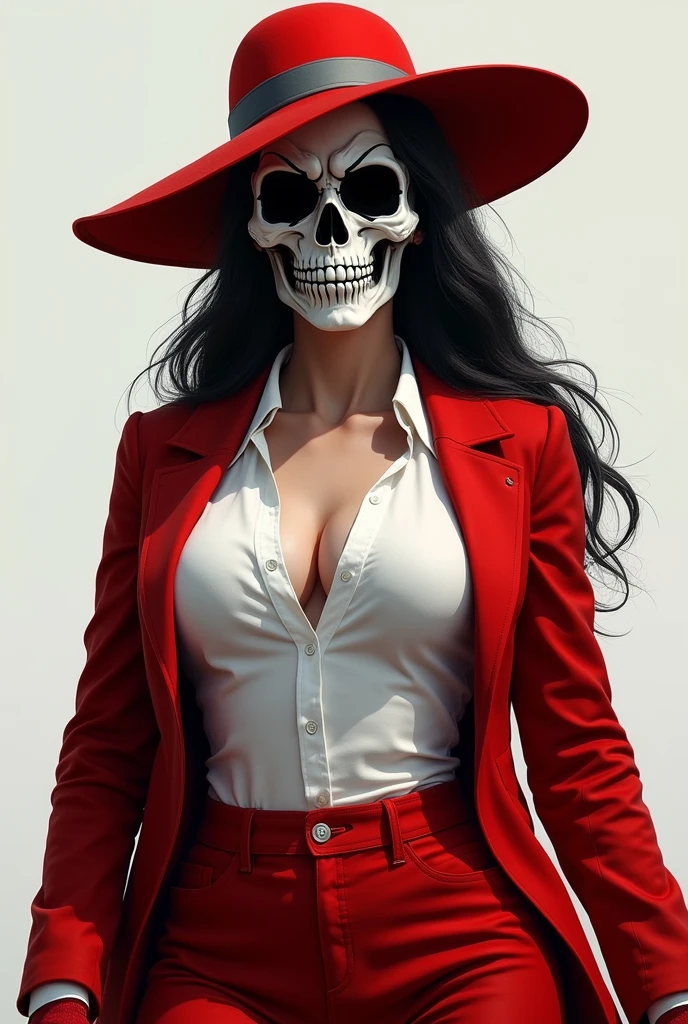 Young woman, on the face is a red mask in the shape of a skull, on the head is a red hat with a gray stripe, red coat, White shirt, Red pants, big breasts, big hips, red gloves on hands