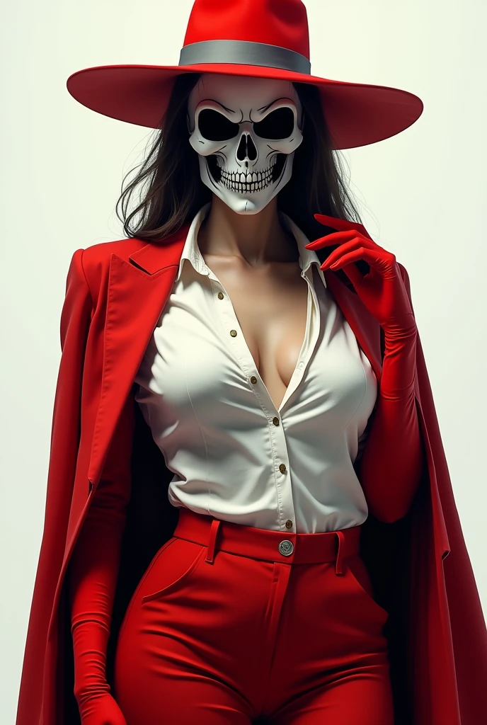 Young woman, on the face is a red mask in the shape of a skull, on the head is a red hat with a gray stripe, red coat, White shirt, Red pants, big breasts, big hips, red gloves on hands