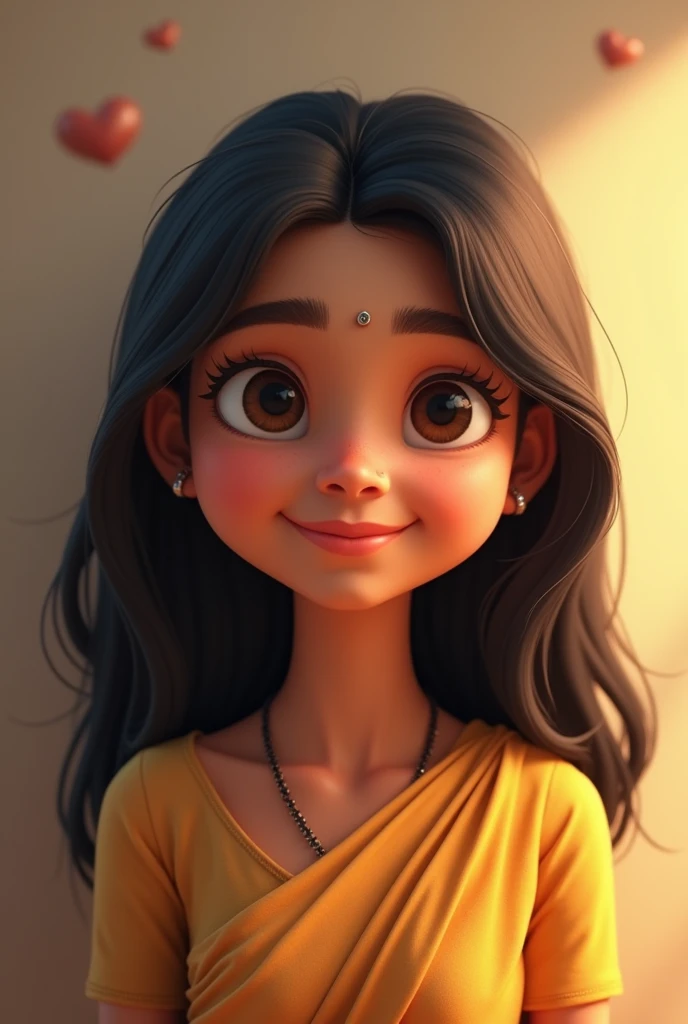  - Start with a round face shape.
   - Add extra large, expressive eyes with a straight nose and full lips.
   - Draw smooth, straight black hair, shoulder-length or a bit longer.
   - For the body, make it slightly chubby to reflect the weight and height.
- Make her features indian like

A character with a round face shape, large expressive eyes, a straight nose, and full lips. They have smooth, straight black hair that is shoulder-length or a bit longer. The body is slightly chubby, reflecting a height of 157 cm and weight of 62 kg