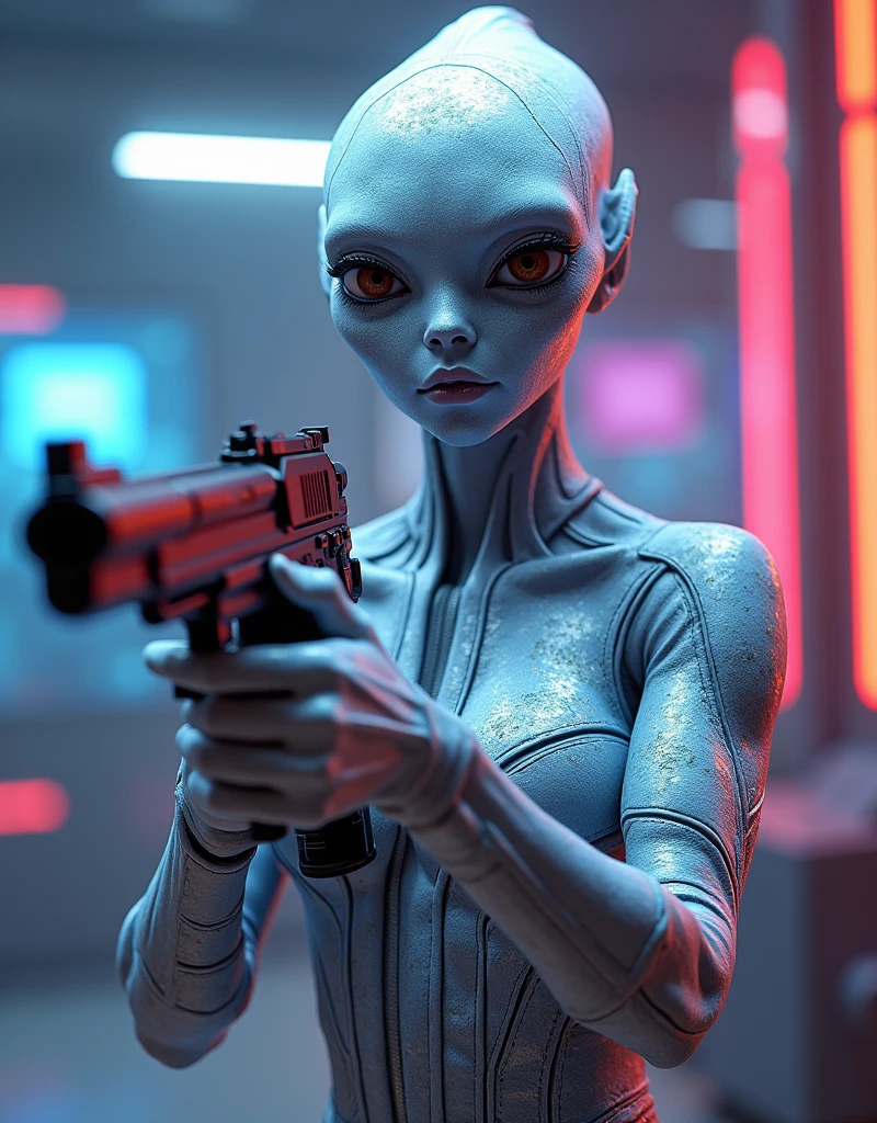 cute alien Platinum skin with a space gun, 1 alien, detailed alien face, alien holding futuristic space gun, detailed alien hands, detailed alien eyes, detailed alien expression, alien in a sci-fi setting, advanced alien technology, glowing neon lights, vibrant color palette, cinematic lighting, dramatic shadows, intricate alien features, detailed alien skin texture