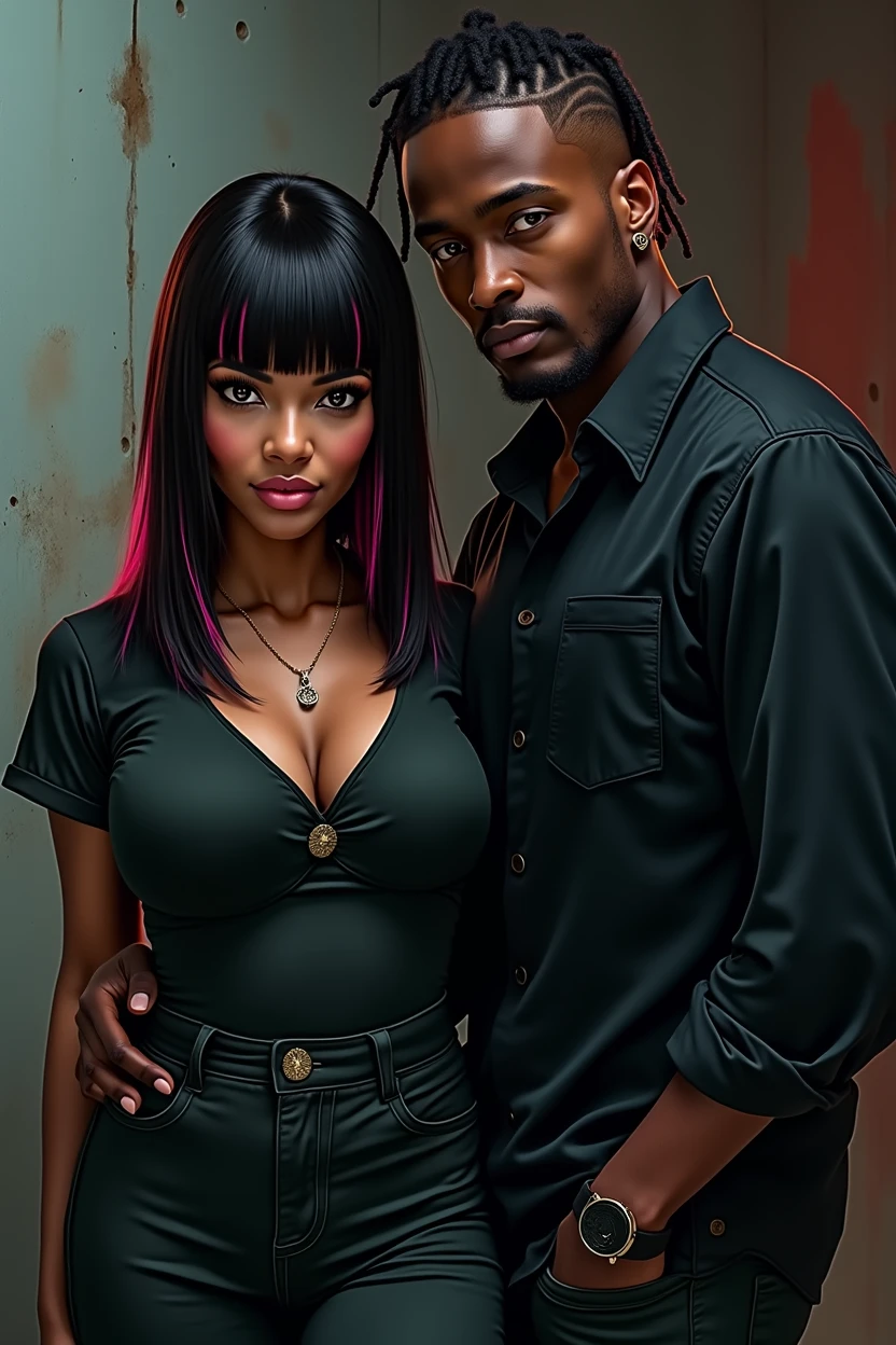 awesome picture of an latin-caribian woman with dark chocolate skin and a nice curvy body, 21 years old, round breasts and firm, wide and generous hips, straight hair with some strands dyed pink, a little towards red, with the rest of her hair black, a little of that color in the bangs, and a dark-skinned man with short hair shaved on one side, with a thick cord, wearing a black blouse