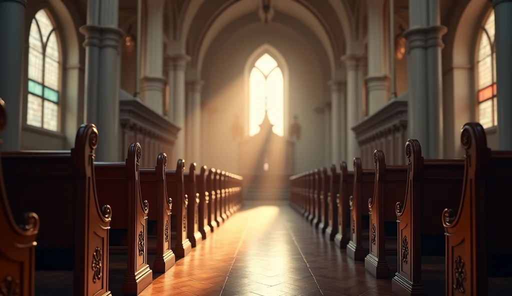 Empty church pews, suggesting a space for personal prayer.
