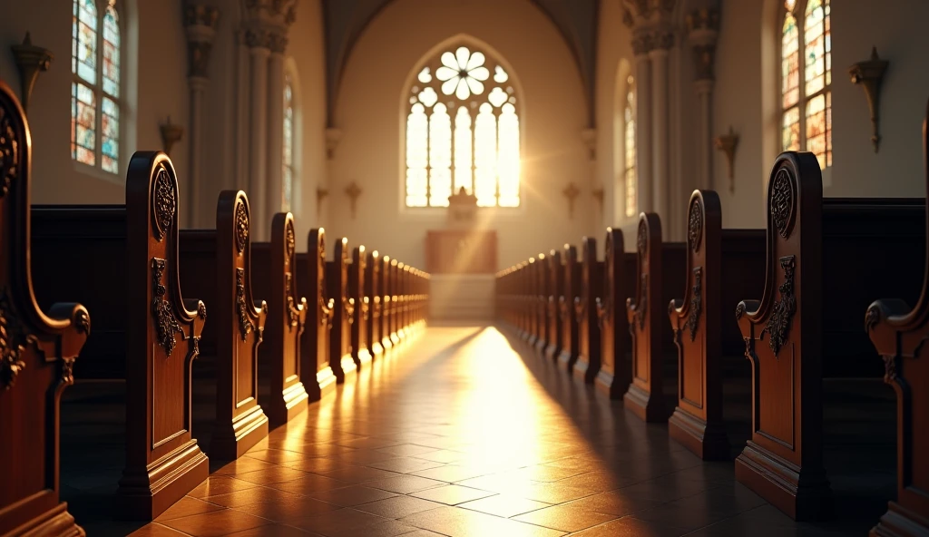 Empty church pews, suggesting a space for personal prayer.
