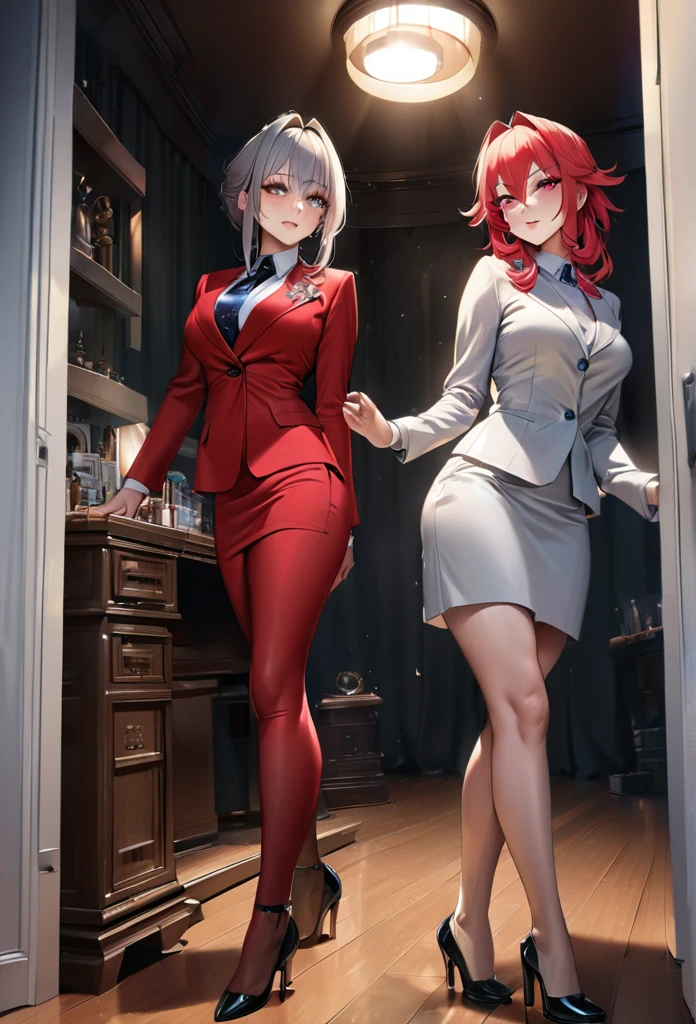 2girls, rias gremory, akeno, luxury bedroom, office uniform,stockings, heels, perfect body, full body, pleasure face, beautiful detailed eyes, beautiful detailed lips, extremely detailed eyes and face, long eyelashes, high quality, 8k, masterpiece, ultra-detailed, realistic, vivid colors, studio lighting, professional, intricate details, dramatic lighting