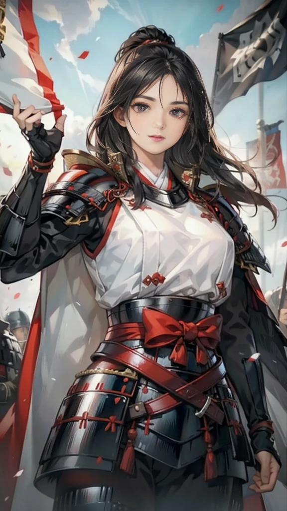 Black Hair：1.3, Amazing character art, ((Silver Knight Armor:1.3 )),((Pure white background)), 3d rendering character art 8k, Handsome，Beautiful female knight, 2. 5D CGI Anime Fantasy Artwork, Detailed digital art, Very nice work of art, Fan Art Best Art Station, (Red velvet long cape),(Stretch your open hand forward:1.3), (Hands on hips),(on stage:1.2),((From below)),Eyes looking into the distance,(A female general gives orders to her soldiers:1.3),Muscular,(samurai:1.2),Confident，An inappropriate smile，teasing，Overbearing，samurai：1.2，Japan