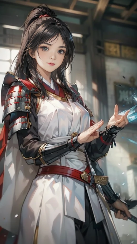 Black Hair：1.3, Amazing character art, ((Silver Knight Armor:1.3 )),((Pure white background)), 3d rendering character art 8k, Handsome，Beautiful female knight, 2. 5D CGI Anime Fantasy Artwork, Detailed digital art, Very nice work of art, Fan Art Best Art Station, (Red velvet long cape),(Stretch your open hand forward:1.3), (Hands on hips),(on stage:1.2),((From below)),Eyes looking into the distance,(A female general gives orders to her soldiers:1.3),Muscular,(samurai:1.2),Confident，An inappropriate smile，teasing，Overbearing，samurai：1.2，Japan