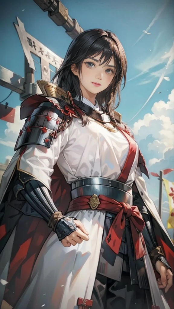 Black Hair：1.3, Amazing character art, ((Silver Knight Armor:1.3 )),((Pure white background)), 3d rendering character art 8k, Handsome，Beautiful female knight, 2. 5D CGI Anime Fantasy Artwork, Detailed digital art, Very nice work of art, Fan Art Best Art Station, (Red velvet long cape),(Stretch your open hand forward:1.3), (Hands on hips),(on stage:1.2),((From below)),Eyes looking into the distance,(A female general gives orders to her soldiers:1.3),Muscular,(samurai:1.2),Confident，An inappropriate smile，teasing，Overbearing，samurai：1.2，Japan