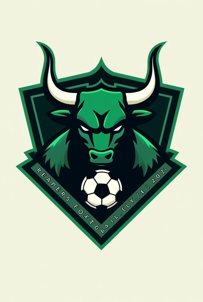 minimalist Football club logo named Reapers Football Club EST 2024 with bull and soccer ball and color green, black and white combination