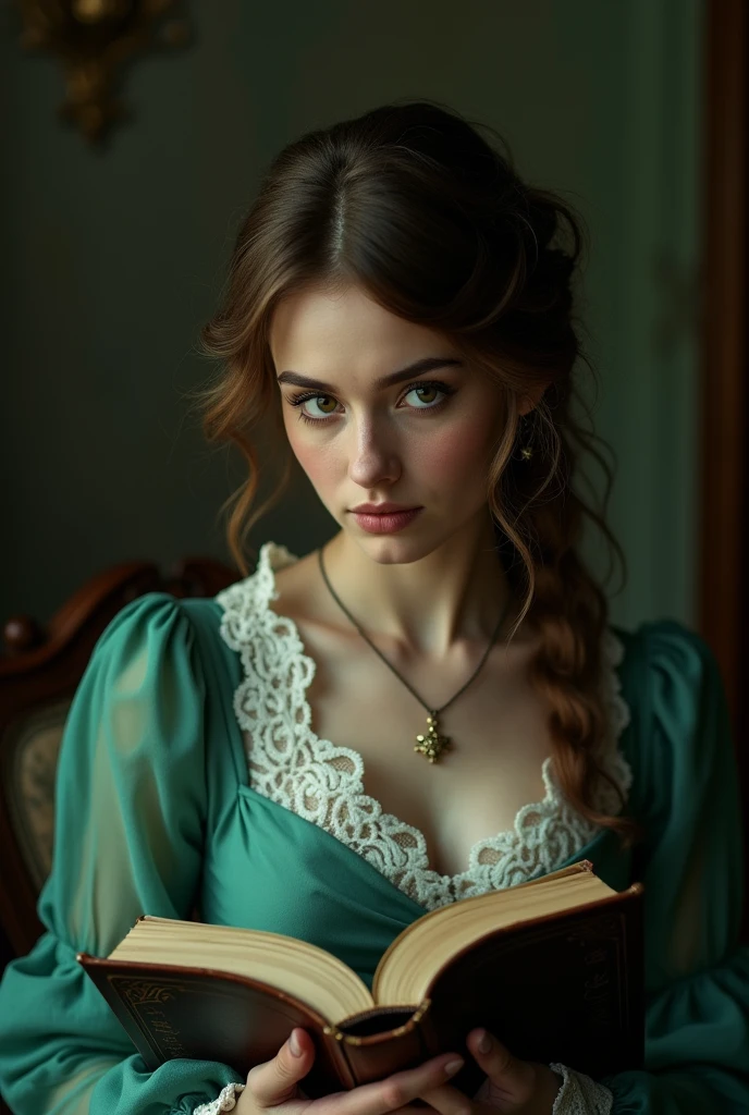 A Victorian woman, a lady, human. She has brown hair and it's curly but without much volume. She wears a jade green colored dress out of the 1721, a bit English touched. It's for my vampire novel so it should have a dark touch. 

Right now, she should be reading, and her face is nearly shown.