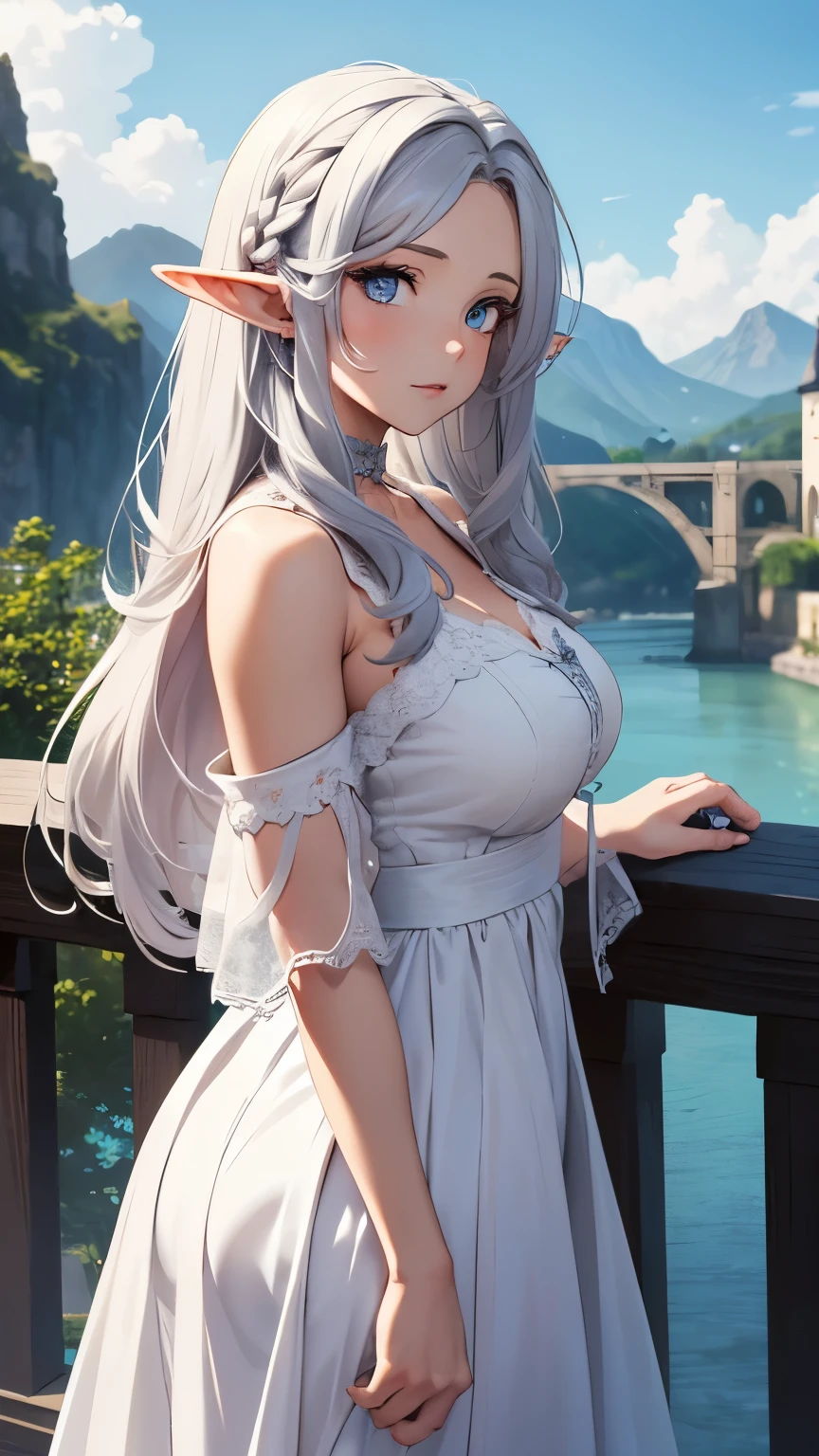 Masterpiece, best quality, UHD, 1girl, beauty woman, long silver hair, mature elf woman, elf ears, beauty wavy hair, (at castle), beauty blue eyes, detailed eyes, (( white dress )), big saggy tits, walking, side view, beauty scenery, colourfull background, volumetric lighting, warm lighting