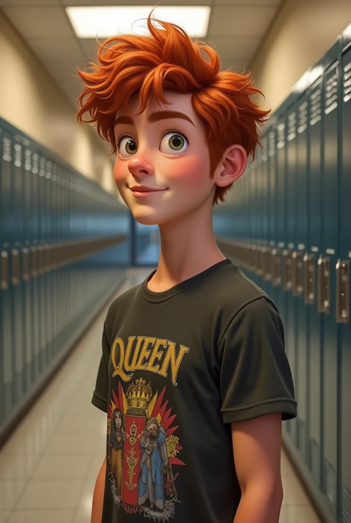A photorealistic image of a young American male from the waist up, in the hallway of an American school filled with lockers. Rebellious curly red hair all over, Above the eyes. Light honey-colored eyes and shorter light lashes, Curvilinear, straight eyebrow. A sweet smile on his face, He has chubby cheeks and freckles under his eyes and nose. Small chubby nose, Round face, very white skin. fleshy lips. athletic body. He wears a Queen band t-shirt. Similar to Kit connor.