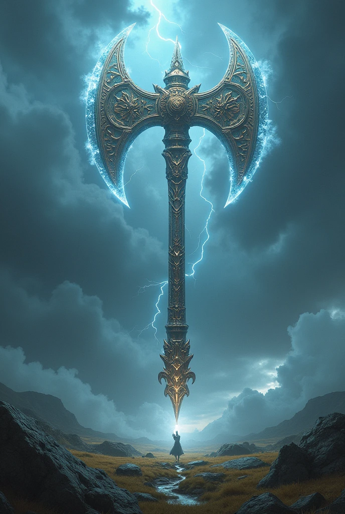 (a giant axe), celestial axe, mystical landscape, rain storm, thunder sky, mystic highlands, dark theme, cinematic lighting, realistic, (masterpiece, best quality:1.2)