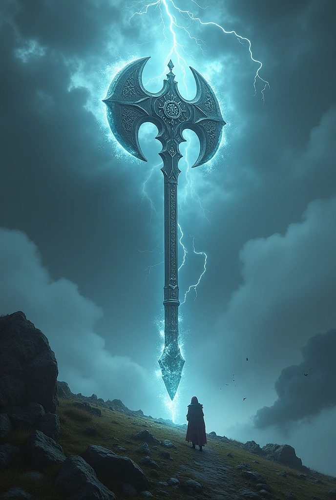(a giant axe), celestial axe, mystical landscape, rain storm, thunder sky, mystic highlands, dark theme, cinematic lighting, realistic, (masterpiece, best quality:1.2)