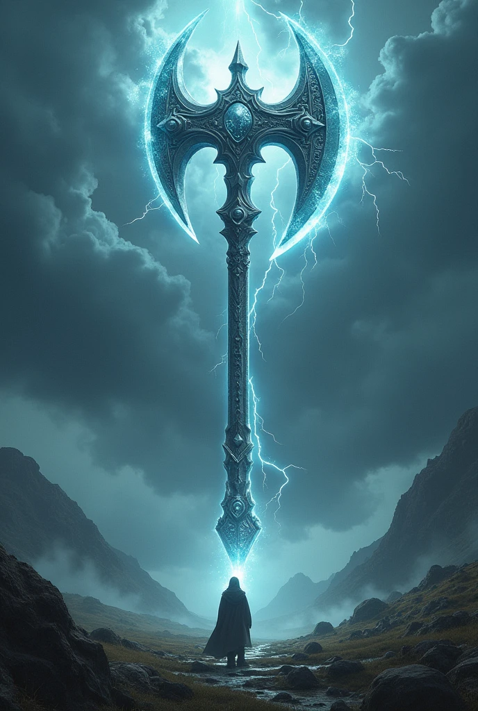 (a giant axe), celestial axe, mystical landscape, rain storm, thunder sky, mystic highlands, dark theme, cinematic lighting, realistic, (masterpiece, best quality:1.2)