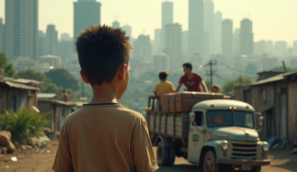 Move to São Paulo: "A humble family carrying their few belongings in an old truck, arriving at a slum in São Paulo. The boy, now older, looks at the big city with determination.