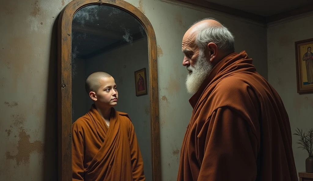 Young monk student looking at dirty mirror, old fat monk master with him, in a room,