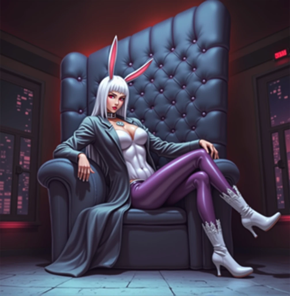 (((1girl, solo, mirko, mirkomha, boku no hero academia, (white hair, red eyes, long hair, rabbit ears, dark skin), lipstick, gold earrings, muscular, fitness)), sensual pose, Beautiful, diamond necklace)), ((solo, 1woman, pink lipstick, Extremely detailed, ambient soft lighting, 4k, perfect eyes, a perfect face, perfect lighting, a 1girl)), austere, ((fitness,, shapely body, athletic body, toned body)), ((black coat, purple maisa, leather pants, high heel boots, knee-high boots, sitting on a throne, crossed legs, cyberpunk city, cyber throne, neon, terrace, night, futuristic throne))