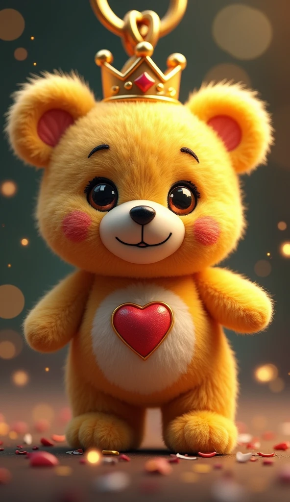 A close-up of a golden cartoon bear keychain，There is a heart in the chest, Lovely and detailed digital art, Popular on artstation pixiv, Beautiful and lovely lighting, Detailed fan art, Beautiful animal pearl queen, Cute digital art, Digital Art on Pixiv, Lovely detailed artwork, [ Tarot ]!!!!!, Dreamy and detailed, official art works, Profile picture 1024px，crystal，He has a crown on his head.