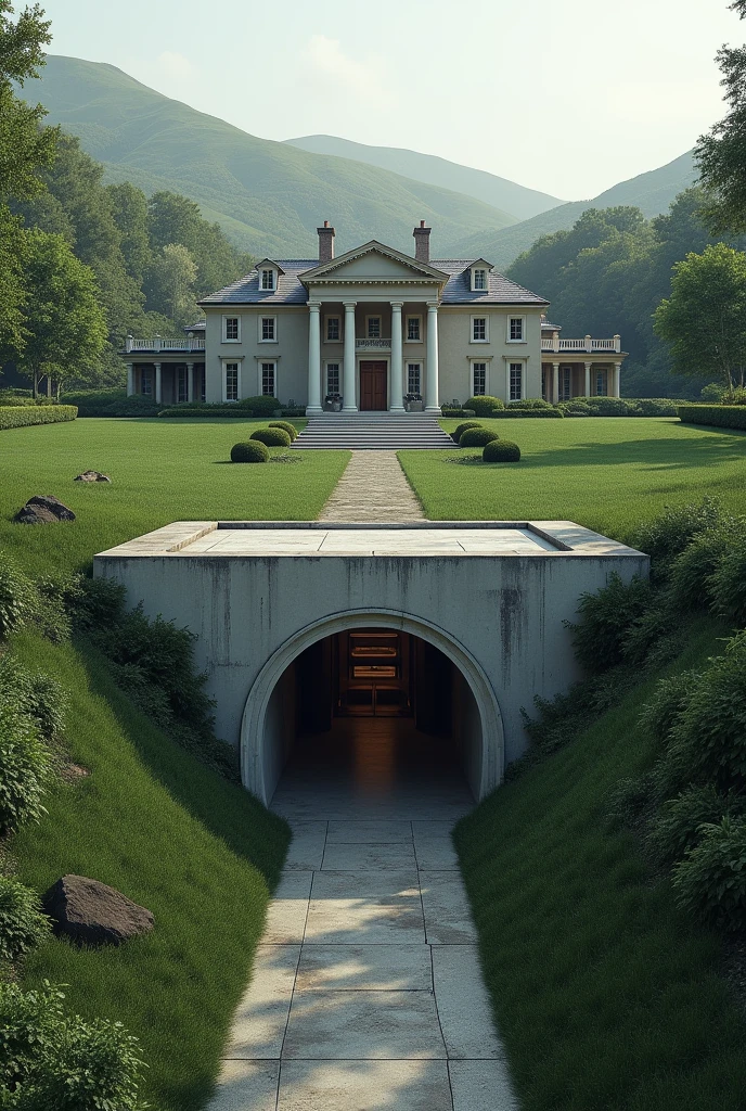 image of an underground clean bunker outside the big mansion
