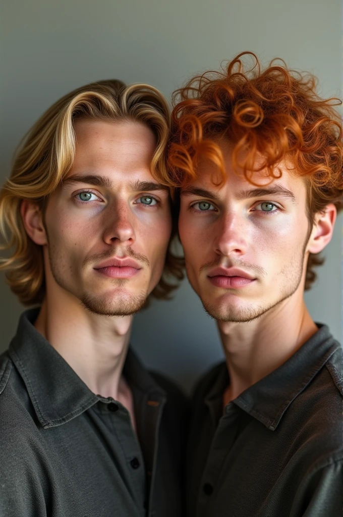 I want to create an image of two men, one being blonde while the other being a ginger, with homogeneous features, but not too strong or too soft, I want them to have unique features.
