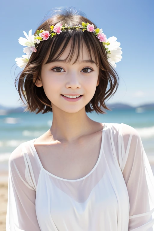 (8k), (masterpiece), (High resolution), (Realistic:1.4), Japanese, Women, Childish:1.3, from the front, (Smile mischievously:1.5), happy, ((cute:1.5)), Innocent, innocent, kind, ((Double Eyes)), (Dark Eyes), Beautiful eye and skin details:1.5, (Realistic skin texture:1.5), (((High nose:1.5))), White camisole dress, ((White and sheer clothes)), (((Her white clothes are transparent and her skin is visible))), (Her nipples are visible through her white clothes), (Pink nipples), Décolletage, Black Hair, short hair, Hair blowing in the wind, Child body type:1.2, (Slender), summer, noon, bright, Ocean, Flower crown, flat chest:1.5