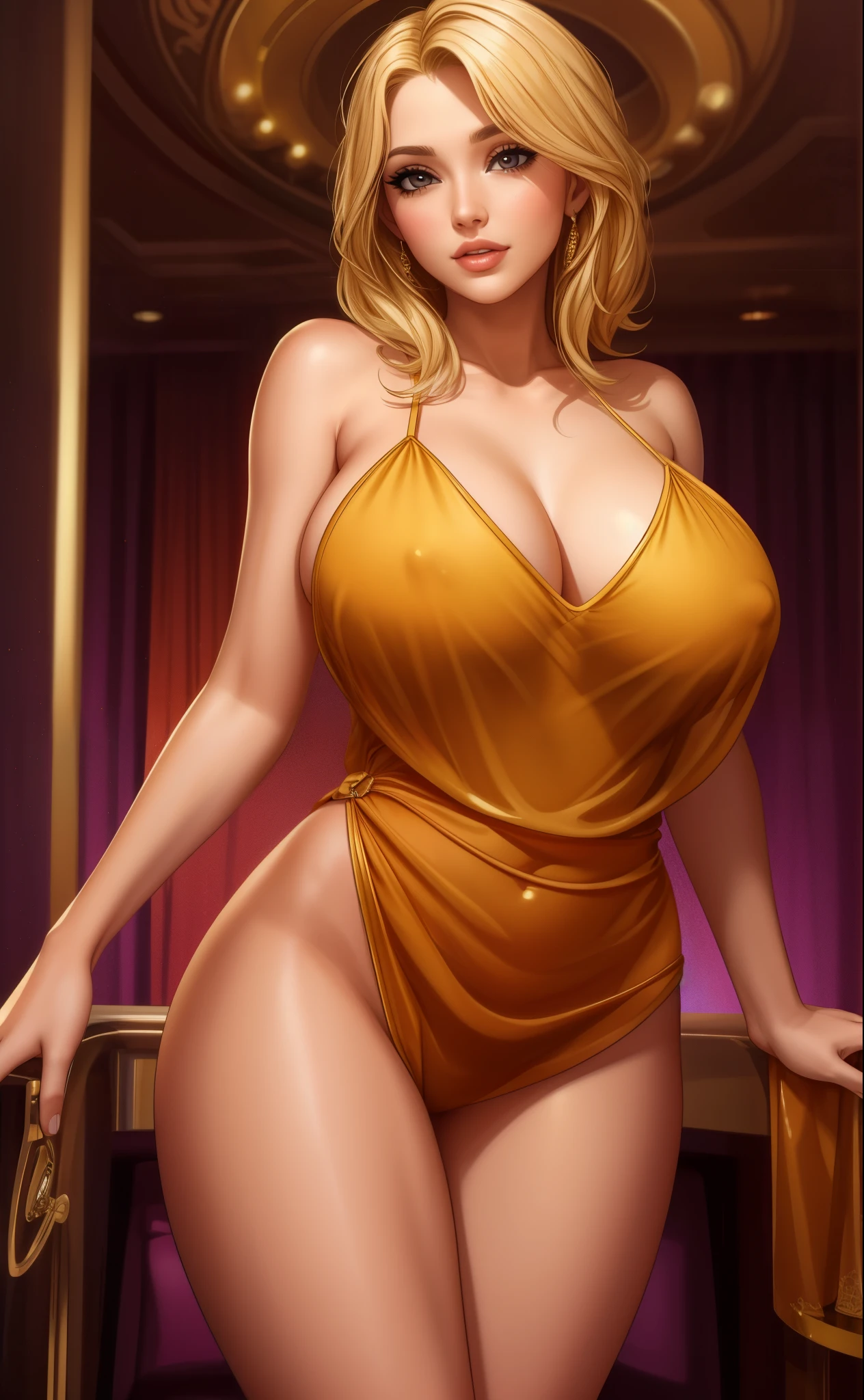 short golden dress that seems to flow like honey, blonde woman, panties, 26 year old woman, rubenesque, clubbing