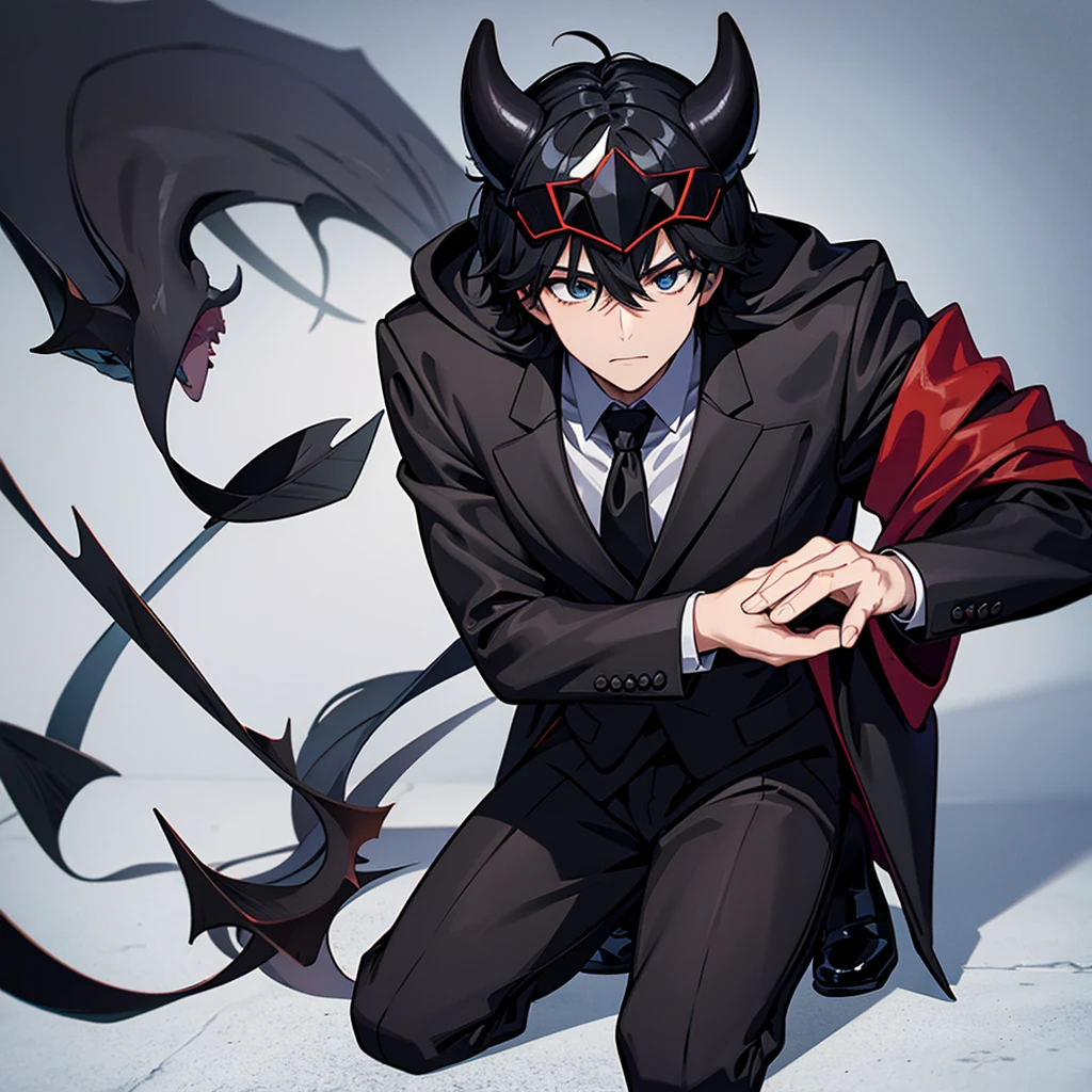 Best illustrations、Best Quality、(Full body character concept)、(28-year-old man、Black Hair)、(Black coat、tie、shirt、Black hood、Black trousers、Black leather shoes)、(Devil's Mask)、Kneel、Cowboy Shot