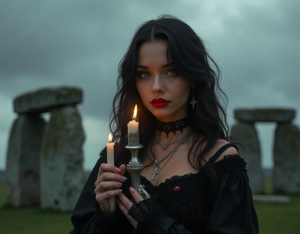 Waist length portrait, Sharp images, clear photo, hyper-detailed, photorealistic texture shot, 8K HD, 20 years old woman, she has very black wavy hair, she wears gothic style clothing with black woven skirt and shirt, plus a silver chain necklace with a ruby, interesting and complicated construction, she has cross-shaped earrings, face without makeup (Detailed and realistic skin), lips marked with red lipstick, flirtatious look, white tees, big light green eyes, soft and bold black eye shadows, huge eyelashes, beautiful dark green eyes, she is smiling slightly in a mysterious way, beautiful teeth, hyperrealism, very elaborate skin, very detailed, realistic photo, 32k, uhd, hdr background, details,she holds a lighted candle on a candlestick (realistic silver candlestick),she holds the candlestick with both hands, she is looking intently at the candlestick, she is in front of stonehenge, gray day, with dark clouds, quality of mystery aura photography